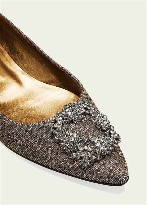 Manolo Blahnik Hangisi Metallic Fabric Buckle Flats 